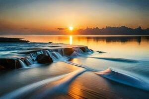 a beautiful sunset over the water with waves crashing into the shore. AI-Generated photo