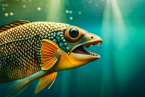 pescado en el agua con sus boca abierto. generado por ai foto