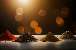 three different types of spices are shown in front of a light. AI-Generated photo