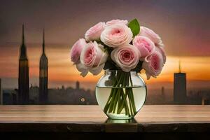 pink roses in a vase on a table with a city skyline in the background. AI-Generated photo