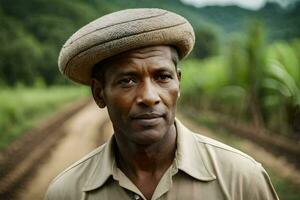 a man wearing a hat stands in a field. AI-Generated photo