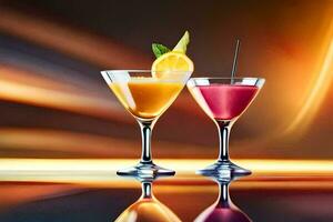 two cocktails with orange and lemon slices on a shiny surface. AI-Generated photo