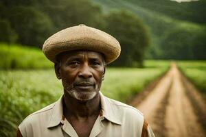 un hombre en un sombrero soportes en un campo. generado por ai foto