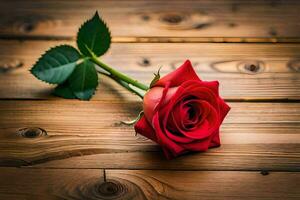 a single red rose on a wooden table. AI-Generated photo