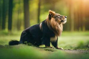 a lion sitting in the middle of a forest. AI-Generated photo