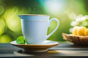 a white cup and saucer on a wooden table. AI-Generated photo