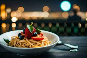 spaghetti with berries and a view of the city. AI-Generated photo