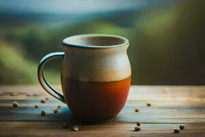 un café jarra con un taza de café en un mesa. generado por ai foto