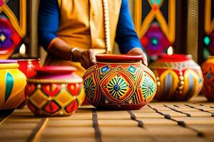 a man is holding a pot with colorful designs. AI-Generated photo