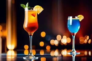 two cocktails on a table with a light background. AI-Generated photo