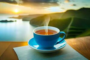 a cup of tea on a table with a view of the sea. AI-Generated photo