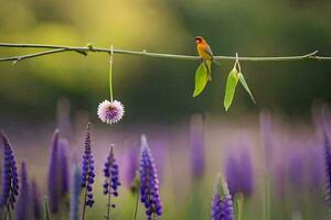 a bird sits on a branch in front of purple flowers. AI-Generated photo