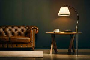 a leather couch and table in front of a lamp. AI-Generated photo