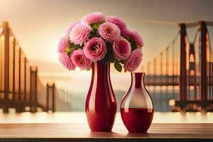 two vases with pink roses sitting on a table in front of a bridge. AI-Generated photo