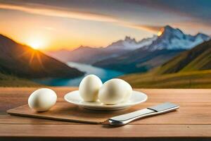 eggs on a plate with a knife and a mountain in the background. AI-Generated photo
