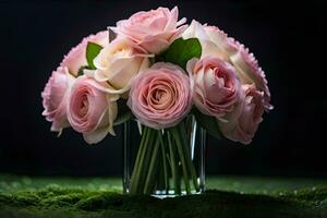 pink roses in a vase on a green background. AI-Generated photo
