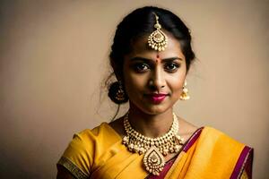 a beautiful indian woman wearing a yellow sari. AI-Generated photo