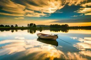 a boat is floating on a calm lake at sunset. AI-Generated photo