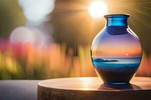 a vase with a sunset in the background. AI-Generated photo