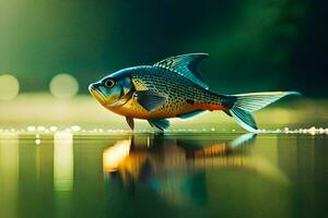 a fish is standing on the water with a green background. AI-Generated photo