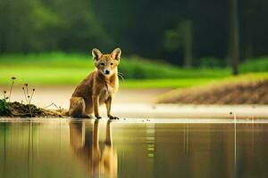 a fox sitting on the edge of a pond. AI-Generated photo