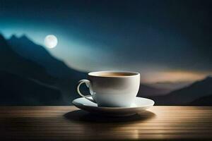 un taza de café en un mesa en frente de un montaña vista. generado por ai foto