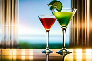 two cocktails on a table with a view of the ocean. AI-Generated photo