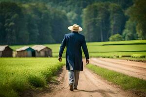 un hombre en un traje y sombrero caminando abajo un suciedad la carretera. generado por ai foto