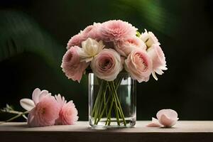 pink flowers in a vase on a table. AI-Generated photo