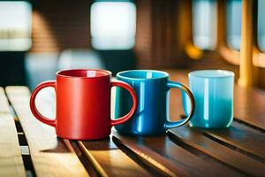 three colorful coffee mugs sitting on a wooden table. AI-Generated photo