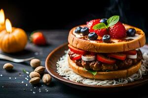 a hamburger with berries and cheese on a plate. AI-Generated photo