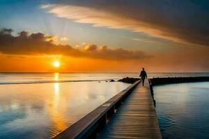 el hombre es en pie en el de madera muelle a puesta de sol. generado por ai foto