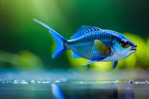 un azul pescado es nadando en el agua. generado por ai foto