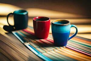 three colorful coffee cups sit on a wooden table. AI-Generated photo