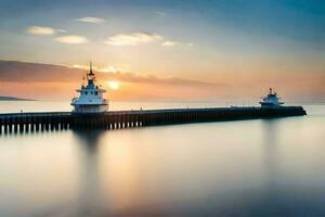 a long exposure photograph of two lighthouse lights on a pier. AI-Generated photo