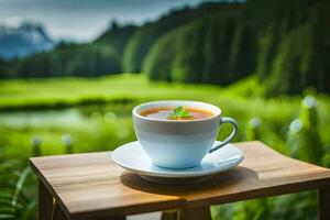 a cup of tea on a wooden table in front of a green landscape. AI-Generated photo