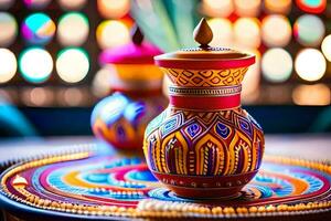 colorful vases on a table with colorful lights. AI-Generated photo