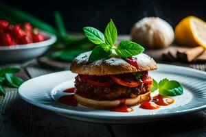 a hamburger with sauce and herbs on a plate. AI-Generated photo