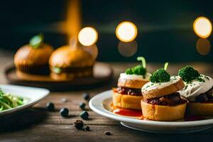 small plates with food on them sit on a table. AI-Generated photo