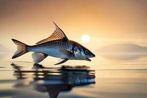 un pescado es saltando fuera de el agua a puesta de sol. generado por ai foto