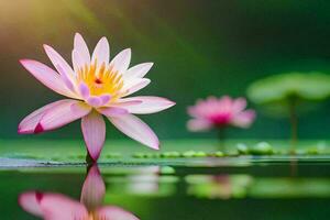 a pink lotus flower in the water with green leaves. AI-Generated photo