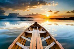 a boat is floating on the calm water at sunset. AI-Generated photo