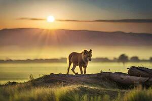 un caballo soportes en un Iniciar sesión en el medio de un campo a puesta de sol. generado por ai foto