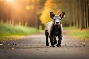 un pequeño perro caminando abajo un la carretera en el bosque. generado por ai foto