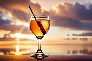 cocktail in a glass with sunset in the background. AI-Generated photo