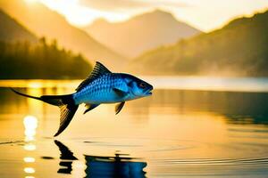 un pescado es saltando fuera de el agua a puesta de sol. generado por ai foto