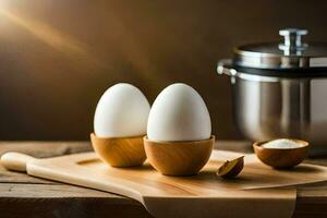 dos huevos en de madera huevo tazas en un corte tablero. generado por ai foto