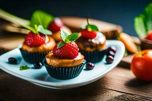 mini cupcakes with strawberries and cherries on a plate. AI-Generated photo