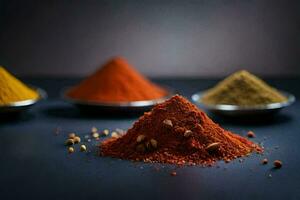 various spices in bowls on a dark background. AI-Generated photo