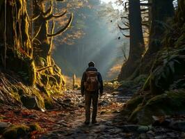 A backpacker hiking through a dense forest, sunlight streaming through the trees generative ai photo